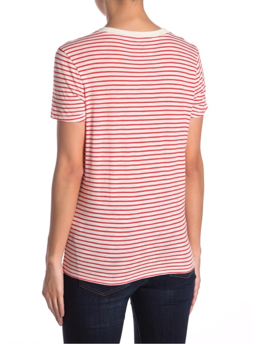 Madewell Red and White Short Sleeve Cotton Crew Neck Brandy Pocket Tee Top - Picture 4 of 7